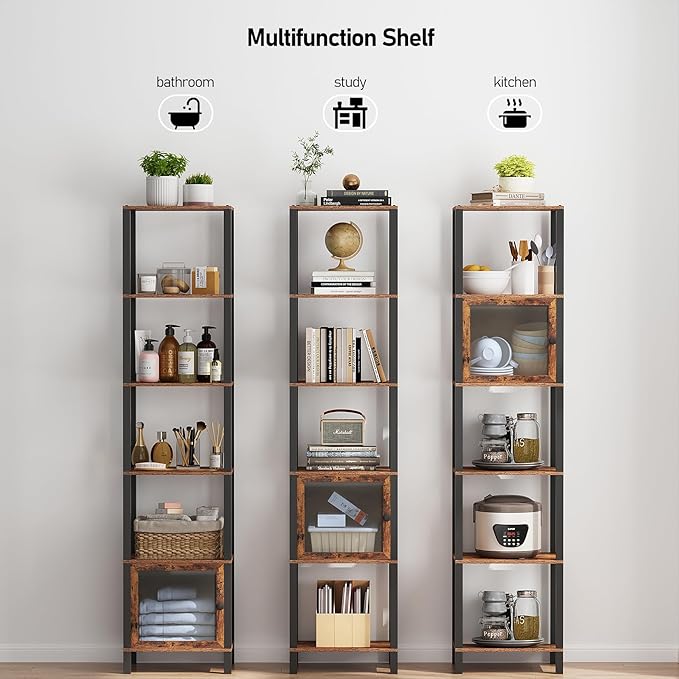 TUTOTAK 6 Tier Bookcase and Bookshelf, Narrow Book shelf with Door for Small Space, for Living Room, Office, Study, Entryway, Brown BS03BB006 - LeafyLoom