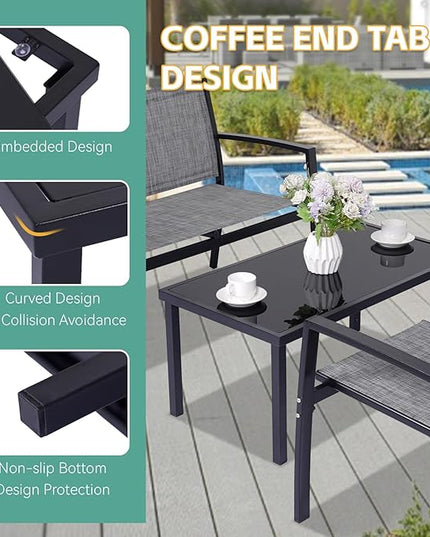 4 Pieces Patio Furniture Set Outdoor Garden Patio Conversation Sets Poolside Lawn Chairs with Tempered Glass Coffee Table Loveseat Porch Furniture Textilene Fabric Grey - LeafyLoom