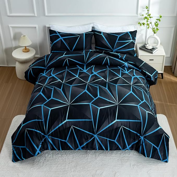 NTBED 3D Geometric Comforter Set for Boys Kids, Irregular Diamond Pattern Lightweight Microfiber Bedding Sets All Season (Blue,Full) - LeafyLoom