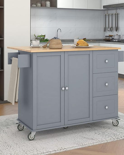 52.7 Cart with Wood Top and Drop Leaf Breakfast Bar, Rolling Mobile Island Towel Rack,Large Storage Cabinet Kitchen Table for Dinning Room, Grey, 52.76 Inch - LeafyLoom