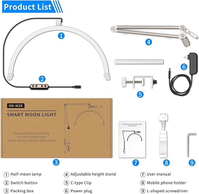 Half Moon Light Lamp for Lashes, Upgraded Stable Stand, Lash Lamp for Eyelash Extensions, Esthetician Light Eyelash Lamp with Phone Holder for Tattoo Artists, Nail Tech, Makeup,Skincare - LeafyLoom
