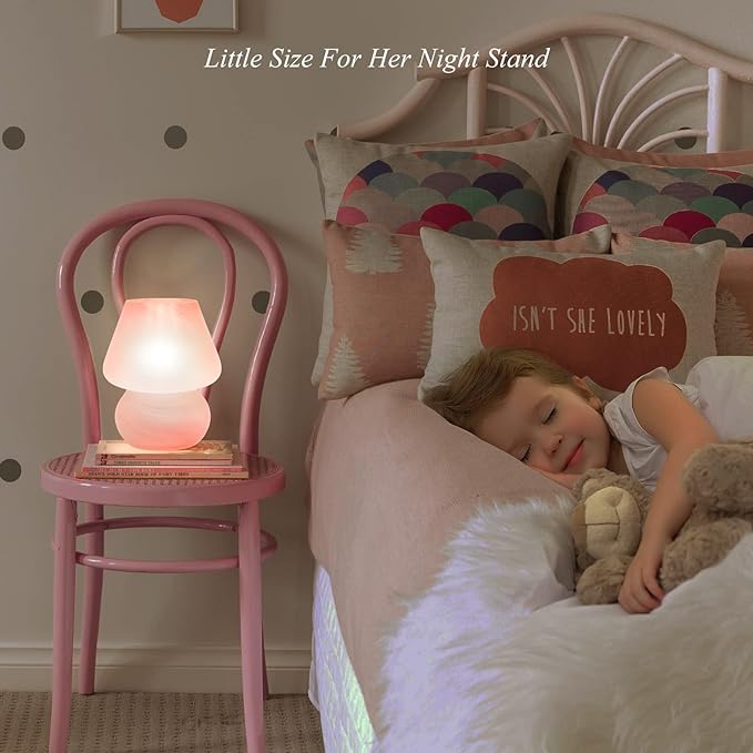 Mushroom Lamp Cute Table Lamp for Bedroom Nightstand Soft Light Pink, Small Glass Nightlight Stepless Dimmable Desk Lamp for Dining, Living, Nursery, Vanity, Home Decor Gift for Girls Women - LeafyLoom