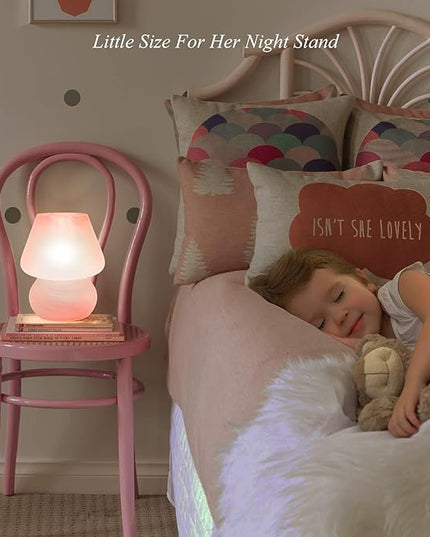Mushroom Table Lamps for Bedroom Set of 2 Nightstand Light Pink, Small Glass Nightlight Stepless Dimmable Desk Lamp for Dining, Living, Nursery, Vanity, Home Decor, Gift for Girls Women - LeafyLoom