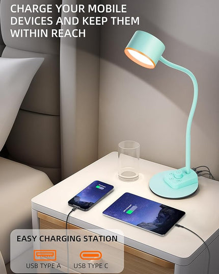 Desk Lamp, Fully Dimmable Bedside Reading Lamp with USB C + A Charging Ports, 5 Colors, Simple to Operate, Eye Care Metal Table Lamp Efficient Gooseneck Desk Lamps for Home Office College Dorm Room - LeafyLoom