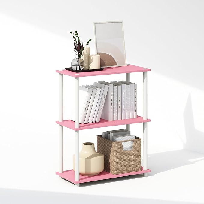 Furinno Turn-N-Tube 3-Tier Multipurpose Compact Display Rack, Shelving Unit, Bookcase, Pink/White - LeafyLoom