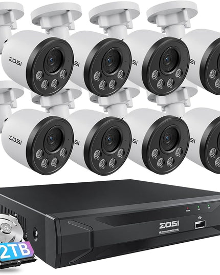 ZOSI 5MP 8CH PoE Security Camera System with Audio,H.265+ 5MP 8 Channel NVR with 2TB HDD,8pcs Weatherproof PoE IP Cameras Outdoor Indoor,Human Detection,100ft Night Vision,for Home 24-7 Recording ZOSI