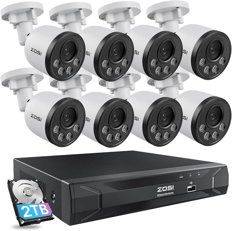 ZOSI 5MP 8CH PoE Security Camera System with Audio,H.265+ 5MP 8 Channel NVR with 2TB HDD,8pcs Weatherproof PoE IP Cameras Outdoor Indoor,Human Detection,100ft Night Vision,for Home 24-7 Recording ZOSI