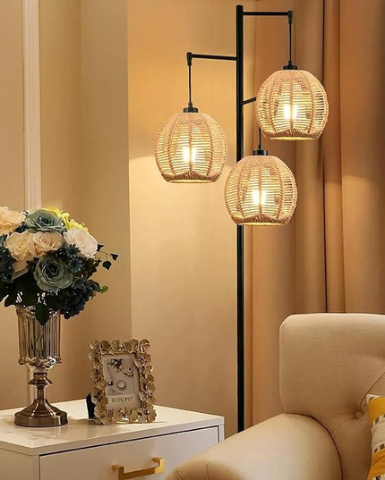 Floor Lamp for Living Room,Bedroom,Boho Rattan Floor Lights,Tree 3 Bulb Standing Lamp Farmhouse Industrial Black Tall Lamp,Wicker Bamboo Lamp Shade Flower Floor Lamps Bohemian Decor - LeafyLoom