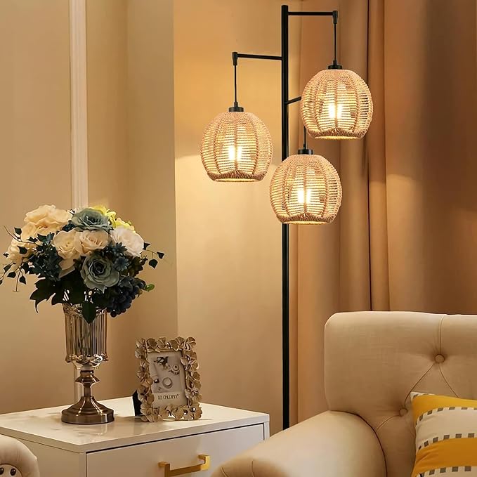 Floor Lamp for Living Room,Bedroom,Boho Rattan Floor Lights,Tree 3 Bulb Standing Lamp Farmhouse Industrial Black Tall Lamp,Wicker Bamboo Lamp Shade Flower Floor Lamps Bohemian Decor - LeafyLoom