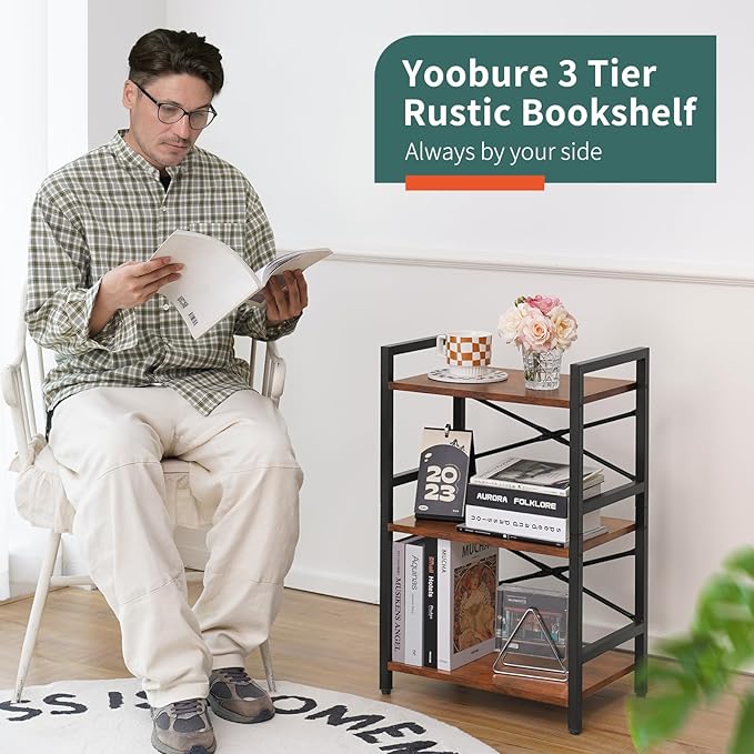 Yoobure Bookshelf Small Book Shelf, Solid Industrial 3 Tier Shelf Bookcase, Short Book Case for Bedroom, Living Room, Office Home, Small Spaces, Berry Brown - LeafyLoom