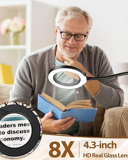 8X Magnifying Glass with Light and Stand, Krstlv 24" Flexible Gooseneck Magnifying Floor Lamp, 3-in-1 LED 5 Color Modes Stepless Dimmable Lighted Magnifier Hands Free for Close Work, Hobby, Esthetican - LeafyLoom