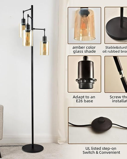 Farmhouse Floor Lamp for Living Room Bedroom, 3-Lights Floor Lamp with On/Off Foot Switch, Tall Pole Tree Standing Lamp Oil Rubbed Bronze with Amber Glass Shade, LED 3 Bulbs Included - LeafyLoom