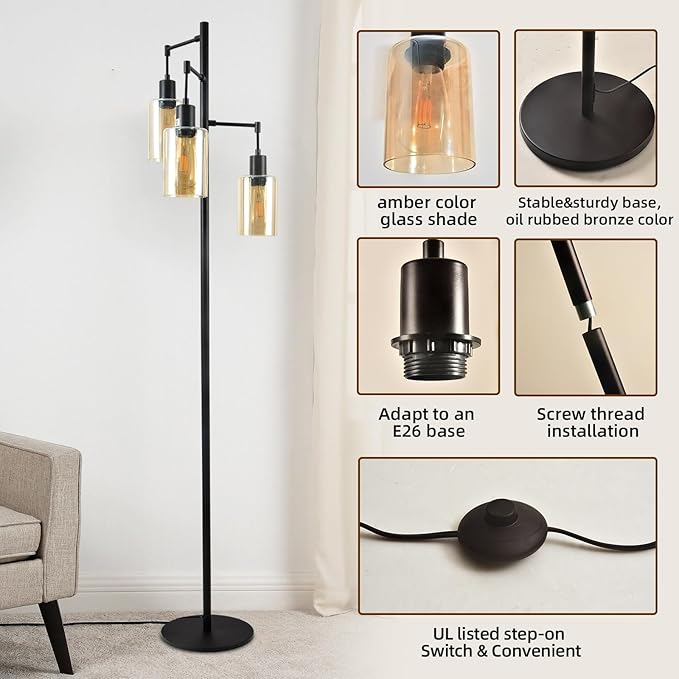Farmhouse Floor Lamp for Living Room Bedroom, 3-Lights Floor Lamp with On/Off Foot Switch, Tall Pole Tree Standing Lamp Oil Rubbed Bronze with Amber Glass Shade, LED 3 Bulbs Included - LeafyLoom