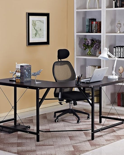 DlandHome L-Shaped Computer Desk 59 inches x 59 inches, Composite Wood and Metal, Home Office PC Laptop Study Workstation Corner Table with CPU Stand, Brown Black and Black Legs, ZJ02-BB - LeafyLoom