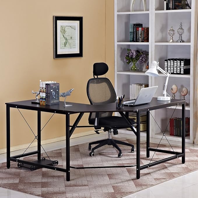 DlandHome L-Shaped Computer Desk 59 inches x 59 inches, Composite Wood and Metal, Home Office PC Laptop Study Workstation Corner Table with CPU Stand, Brown Black and Black Legs, ZJ02-BB - LeafyLoom