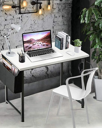 Lufeiya Small Computer Desk White Writing Table for Home Office Small Spaces 31 Inch Modern Student Study Laptop PC Writing Desks with Storage Bag Headphone Hook, White Black - LeafyLoom