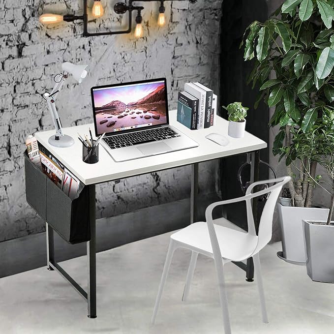 Lufeiya Small Computer Desk White Writing Table for Home Office Small Spaces 31 Inch Modern Student Study Laptop PC Writing Desks with Storage Bag Headphone Hook, White Black - LeafyLoom