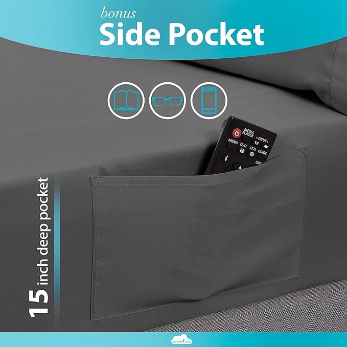 DREAMCARE Twin Sheets - Cooling Bed Sheets - 4pcs Set - up to 15" Deep Pocket Twin Bed Sheets - Twin Sheet Set - Bed Sheets Twin Soft Lasting 100% Fine Brushed Polyester with Side Pocket - D.Gray - LeafyLoom