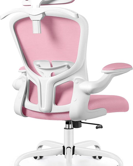 FelixKing Office Chair with Headrest, Ergonomic Desk Chair with Wheels, Task Swivel Comfy Chair with Adjustable Lumbar Support, Breathable Mesh Computer Chair with flip-up Armrests for Home (Pink) - LeafyLoom