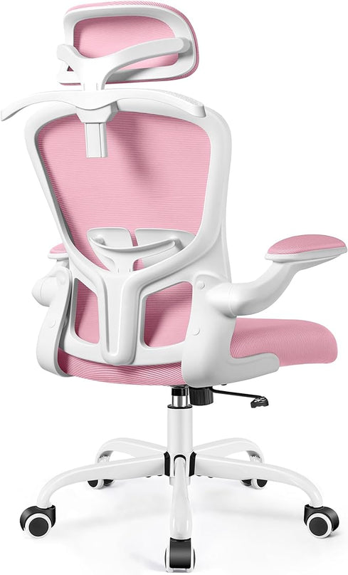 FelixKing Office Chair with Headrest, Ergonomic Desk Chair with Wheels, Task Swivel Comfy Chair with Adjustable Lumbar Support, Breathable Mesh Computer Chair with flip-up Armrests for Home (Pink) - LeafyLoom