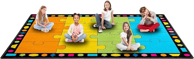 Booooom Jackson Classroom Rug Elementary Classroom Carpet 6'5"x8'5"Preschool Rugs Colorful Puzzle Seating Rug with Non-Slip Backing School Classroom Kid Rug (PzPK-2620)(PzOG-2620) - LeafyLoom