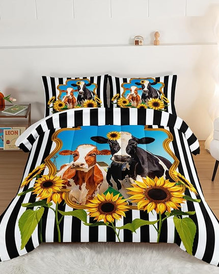 HOSIMA Animal Theme Bedding Set Bull and Cow Comforter with 2 Pillowcases,Black and White Stripes Full Size Comforter Set for Adults Teens Kids,Sunflower Print Western Bedding Sets. - LeafyLoom