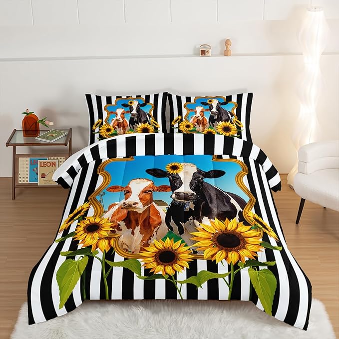 HOSIMA Animal Theme Bedding Set Bull and Cow Comforter with 2 Pillowcases,Black and White Stripes Twin Bed in a Bag Sets for Adults Teens Kids,Sunflower Print Western Bedding Sets. - LeafyLoom