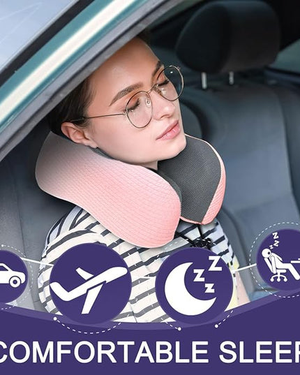 napfun Neck Pillow for Traveling, Upgraded Travel Neck Pillow for Airplane 100% Pure Memory Foam Travel Pillow for Flight Headrest Sleep, Portable Plane Accessories, Pink - LeafyLoom