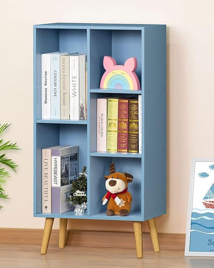 YAHARBO 5 Cube Bookshelf, Blue Kids Book Shelf with Cubby Storage,Wooden Modern Bookcase with Legs,3 Tier Freestanding Display Book Case,Children Toy Organizer,Bookshelves for Office,Nursery,Playroom - LeafyLoom