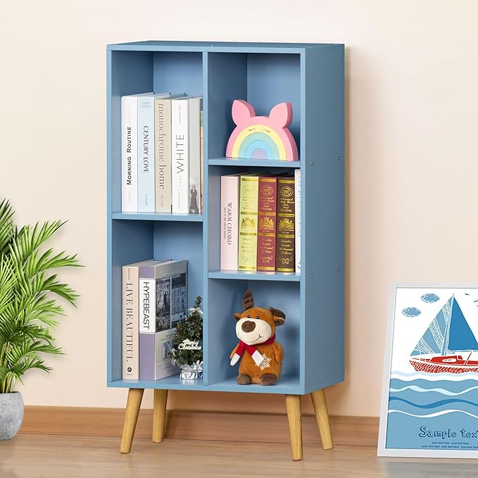 YAHARBO 5 Cube Bookshelf, Blue Kids Book Shelf with Cubby Storage,Wooden Modern Bookcase with Legs,3 Tier Freestanding Display Book Case,Children Toy Organizer,Bookshelves for Office,Nursery,Playroom - LeafyLoom