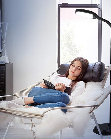 Brightech Litespan - Bright LED Floor Reading Lamp for Over Chair Crafts and Reading, Estheticians' Light for Lash Extensions, Adjustable Standing Lamp for Living Room, Bedroom, Office - Jet Black - LeafyLoom