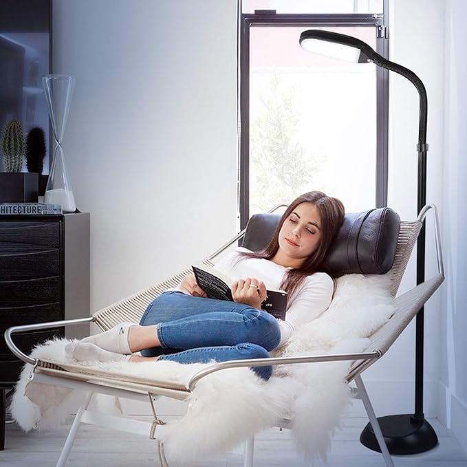 Brightech Litespan - Bright LED Floor Reading Lamp for Over Chair Crafts and Reading, Estheticians' Light for Lash Extensions, Adjustable Standing Lamp for Living Room, Bedroom, Office - Jet Black - LeafyLoom