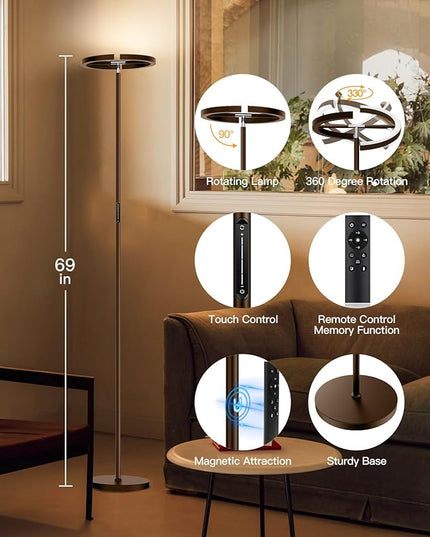 Brown Floor Lamp, Modern Stepless Dimmable Standing Lamp with Remote Control, 20W 3000-6000K LED Rotatable Floor Light Uplighter Stand up Lamp Tall Lamp for Living Room Bedroom Office - LeafyLoom