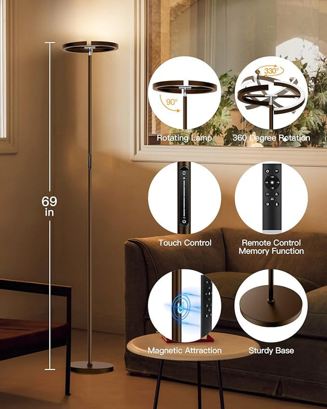 Brown Floor Lamp, Modern Stepless Dimmable Standing Lamp with Remote Control, 20W 3000-6000K LED Rotatable Floor Light Uplighter Stand up Lamp Tall Lamp for Living Room Bedroom Office - LeafyLoom