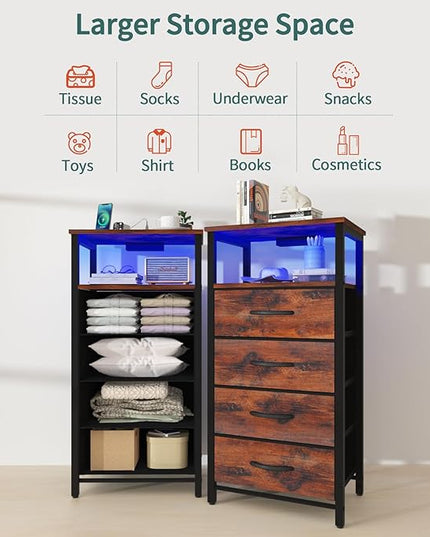 Yoobure Night Stand - LED Nightstand with Charging Station, Bedside Table with 4 Fabric Storage Drawers and Storage Shelf, End Table with USB Ports and Outlets, Tall Dresser for Bedroom - LeafyLoom
