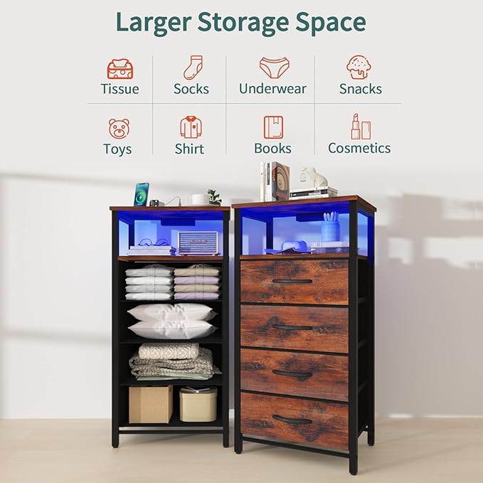 Yoobure Night Stand - LED Nightstand with Charging Station, Bedside Table with 4 Fabric Storage Drawers and Storage Shelf, End Table with USB Ports and Outlets, Tall Dresser for Bedroom - LeafyLoom