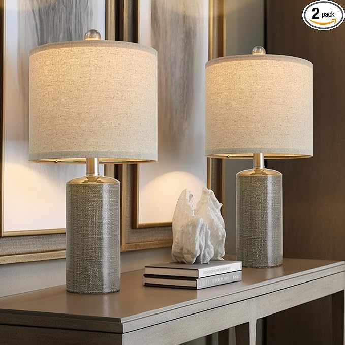 20.25" Small Table Lamps Set of 2 Modern Ceramic Lamps for Living Room Farmhouse Bedside Lamps Boho Lamps for Night Stands Grey Bedroom Lamps Side Table Lamps End Table Lamps - LeafyLoom