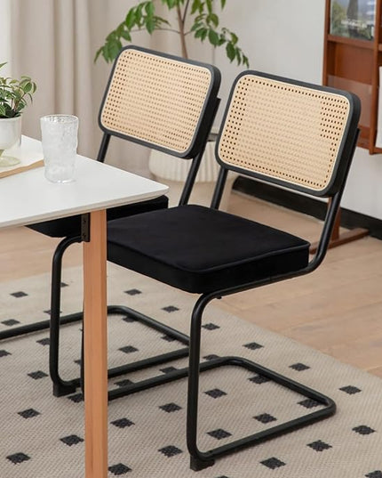 Dining Chairs Set of 2, Velvet Rattan Side Accent Chairs with Chrome Legs, Modern Mid Century Breuer Designed Chairs, Upholstered Dining Living Room Kitchen Chairs (Black-2pcs) - LeafyLoom
