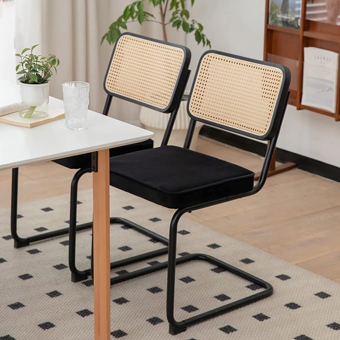 Dining Chairs Set of 2, Velvet Rattan Side Accent Chairs with Chrome Legs, Modern Mid Century Breuer Designed Chairs, Upholstered Dining Living Room Kitchen Chairs (Black-2pcs) - LeafyLoom