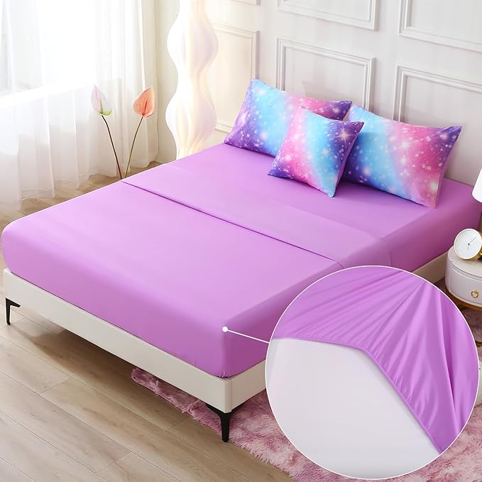 JQinHome Glitter Bedding Set Full Size,6 Piece Bed in A Bag 3D Colorful Rainbow Galaxy Comforter Set for Girls Kids-All Season Microfiber Tie-Dye Bedding Sets(Blue Purple) - LeafyLoom