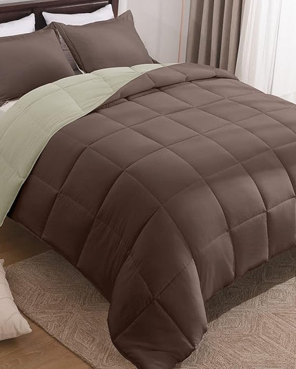 Basic Beyond Queen Comforter Set - Fluffy Comforter Queen Set for All Seasons - Reversible Comforter Set Queen Size for Mens - 3 Pieces (1 Comforter + 2 Pillow Shams) - Brown/Ivory - LeafyLoom