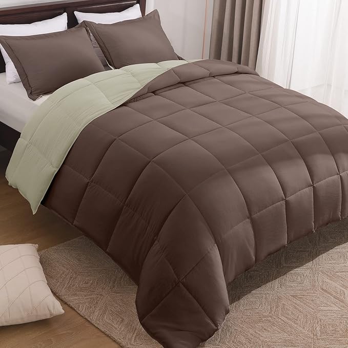 Basic Beyond Queen Comforter Set - Fluffy Comforter Queen Set for All Seasons - Reversible Comforter Set Queen Size for Mens - 3 Pieces (1 Comforter + 2 Pillow Shams) - Brown/Ivory - LeafyLoom