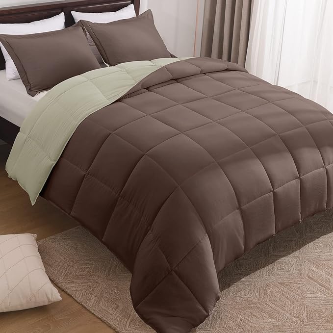 Basic Beyond King Size Comforter Set - Fluffy King Bed Comforter Set for All Seasons - Reversible Bedding King Size Comforter Set - 3 Pieces (1 Comforter + 2 Pillow Shams) - Brown/Ivory - LeafyLoom