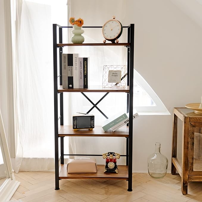 Rustic Bookshelf, 4 Tier Real Wood Bookshelf, Metal Book Shelf for Storage, Black Bookcase, 12.6" D x 23.62" W x 50.39" H - LeafyLoom