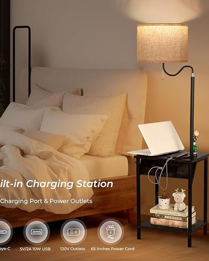 FIMEI Floor Lamp with Table, End Table with Charging Station USB Ports & Outlets, Bedside Table 3 Color Temperature Reading Light, Nightstand with Shelves for Living Room Bedroom Apartment, Black - LeafyLoom