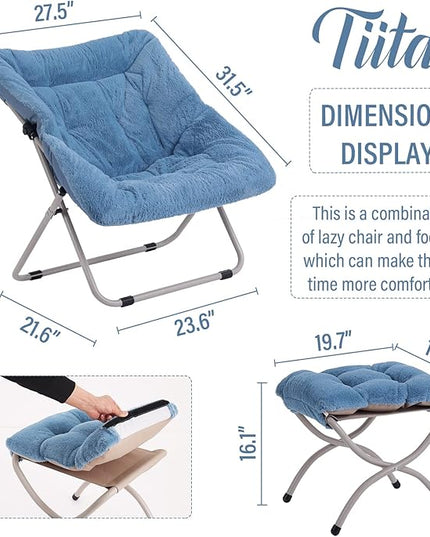 Tiita Saucer Chair with Ottoman, Soft Faux Fur Oversized Folding Accent Chair,Lounge Lazy Chair, Metal Frame Moon Chair for Bedroom, Living Room, Dorm Rooms, Garden and Courtyard - LeafyLoom