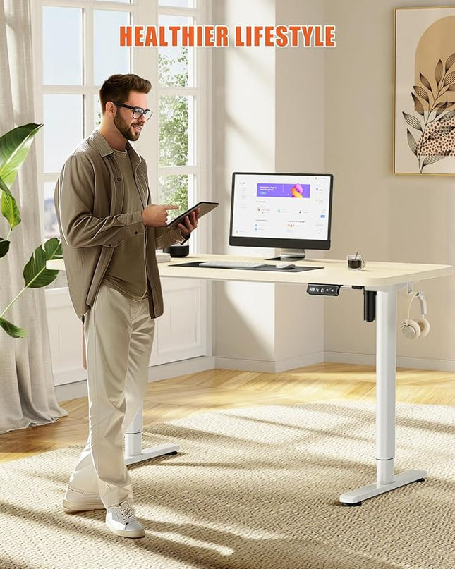 Electric Standing Desk Adjustable Height Stand Up Desk, 55" x 24" Sit Stand Desk, Low Noise Home Office Desk, Computer Desk with Splice Board, Child Lock & Memory Function, Maple - LeafyLoom