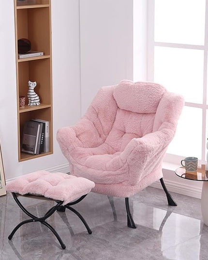 Lazy Chair with Ottoman, Modern Accent Chair Contemporary Lounge Leisure Upholstered Sofa Chair Set with Armrests, Reading Chair for Living Room, Bedroom, Office, Plush Pink - LeafyLoom