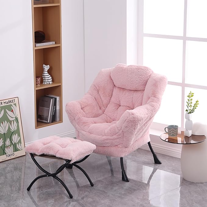Lazy Chair with Ottoman, Modern Accent Chair Contemporary Lounge Leisure Upholstered Sofa Chair Set with Armrests, Reading Chair for Living Room, Bedroom, Office, Plush Pink - LeafyLoom