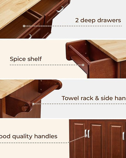 54“ Large Kitchen Island with Storage, Kitchen Cart on Wheels with 2 Large Drawers, Adjustable Shelf Inside Cabinet, Spice Rack & Towel Rack, Simple Design Rolling Island Table for Kitchen - LeafyLoom